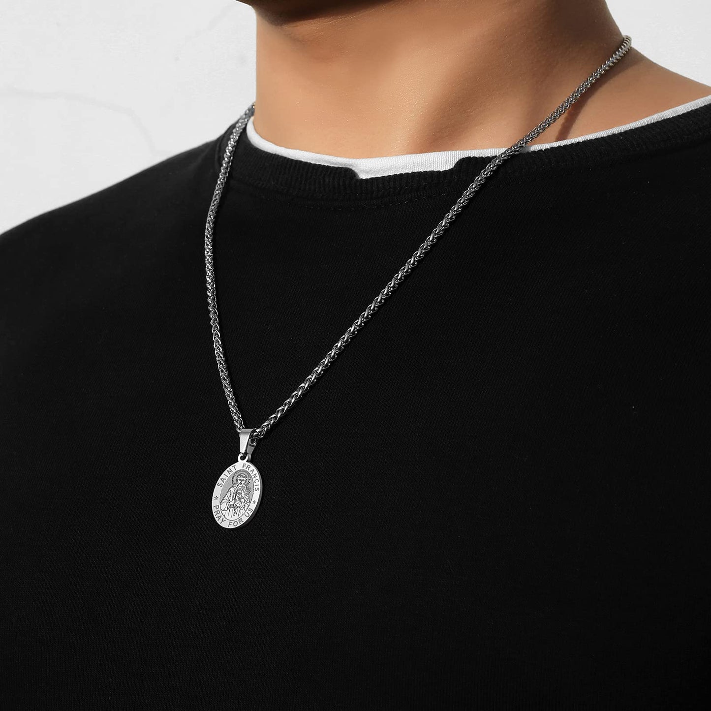 P. BLAKE Stainless Steel St Saint Francis of Assisi Medal Necklace for Men Women, Oval Catholic Patron Pendant Medallion Chain