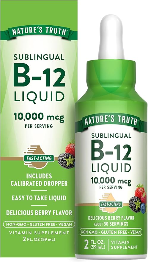 Nature's Truth B12 Sublingual Liquid Drops | 10,000 mcg | 2 oz | Fast Acting | Vegan, Non-GMO & Gluten Free