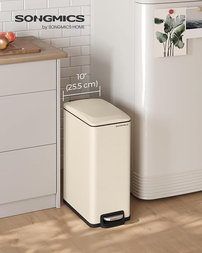 SONGMICS Slim Trash Can, 13-Gallon (50 L) Garbage Can for Narrow Spaces with Soft-Close Lid, Inner Bucket, and Step-on Pedal, Stainless Steel, 15 Trash Bags Included, Sand Beige ULTB510A01