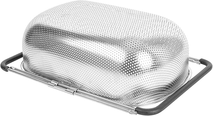 Restaurantware Colander 1 Count 5.5 qt Dishwasher-Safe Stainless Steel Coarse Mesh Colander with Over-The-Sink Expandable Handles Kitchen Strainer Basket for Pasta, Fruits, and Vegetables
