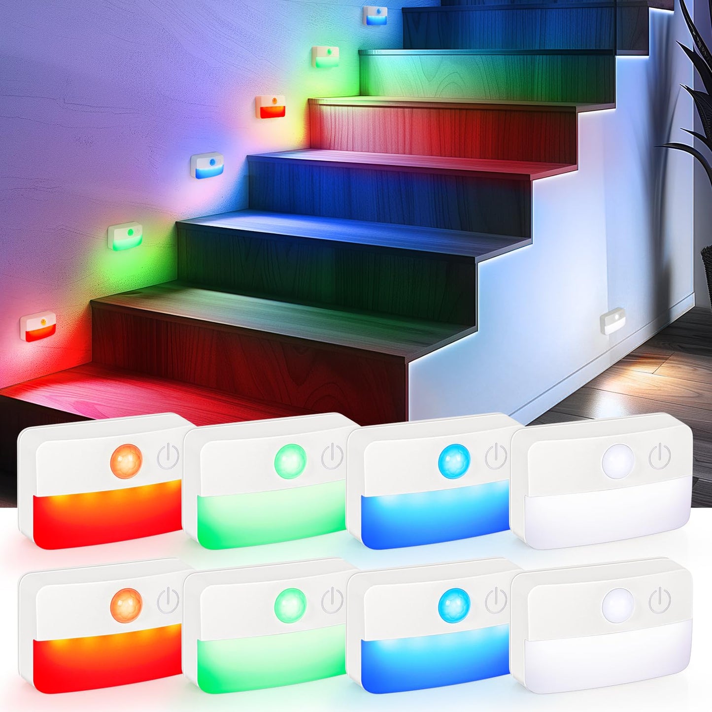 Guankai Motion Sensor Stair Lights, 8 Pack, RGB Battery Operated, Plastic, Model 0003D2, Indoor Night Light for Hallway, Closet, Under Cabinet