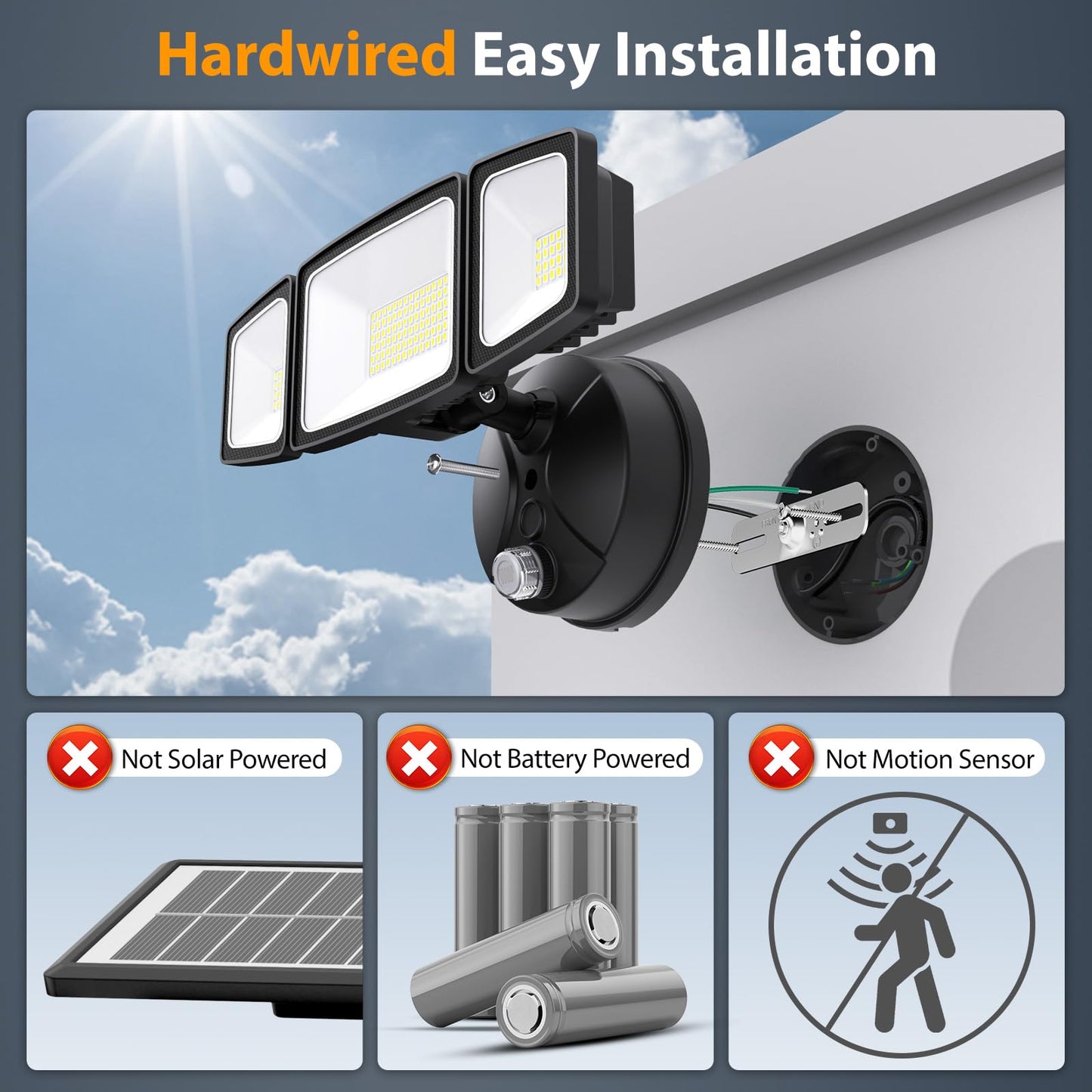 Onforu 70W LED Flood Light, 7000LM, IP65 Waterproof, 3 Adjustable Heads, 6500K, Black, Model BDB60D-3