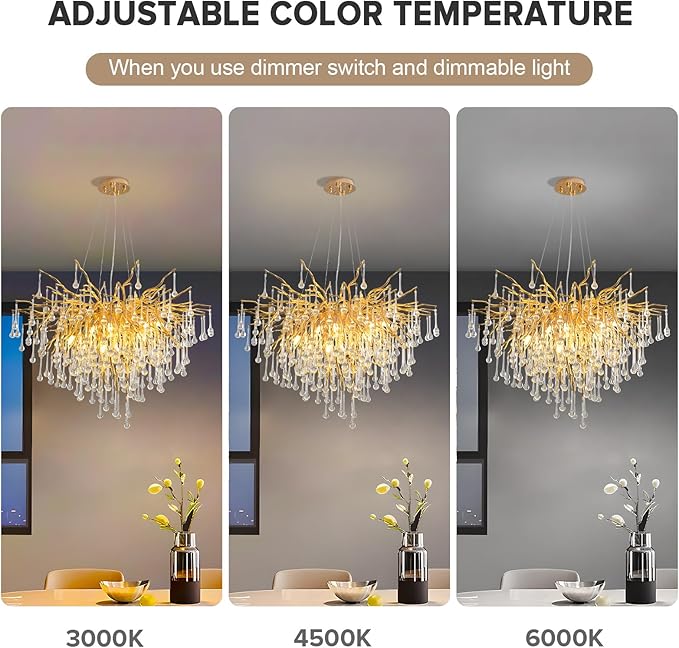 31.5 Inch Modern Crystal Chandeliers,10-Light Gold Tree Branch Chandelier Hanging Light Fixtures,Raindrop Chandeliers for Dining Room,Living Room