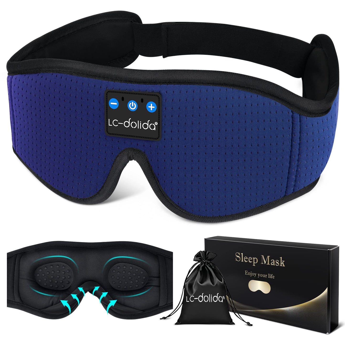 LC-dolida Sleep Headphones, Sleep Mask Bluetooth Wireless Music Eye Mask, Sleeping Headphones for Side Sleepers Sleep Mask with Bluetooth Headphones Ultra-Thin Stereo Speakers Perfect for Sleeping