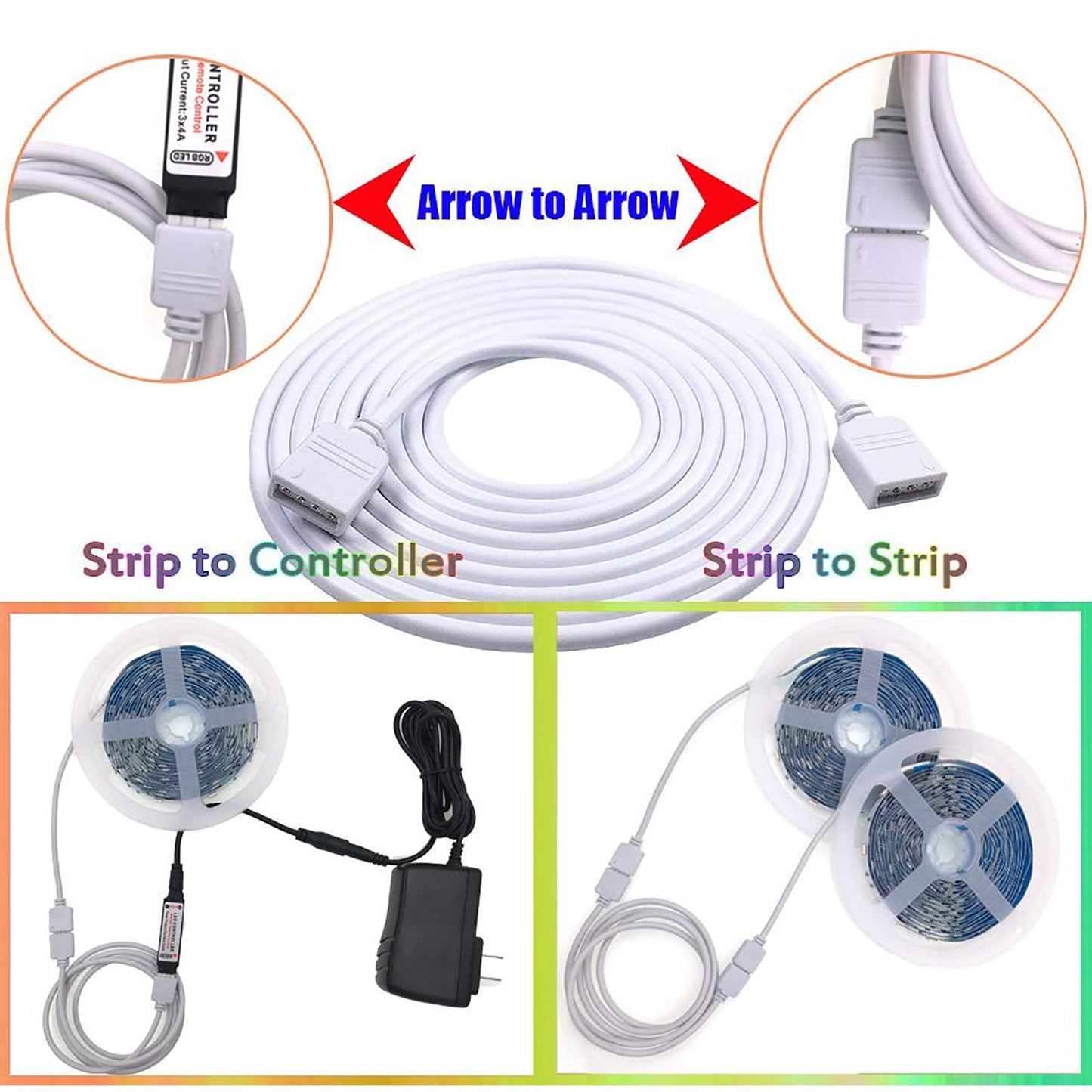 Rgbzone 1M Extension Cable For Smd 5050 Rgb Led Strip - White, Plastic, 4-Pin Connectors, 2 Pack