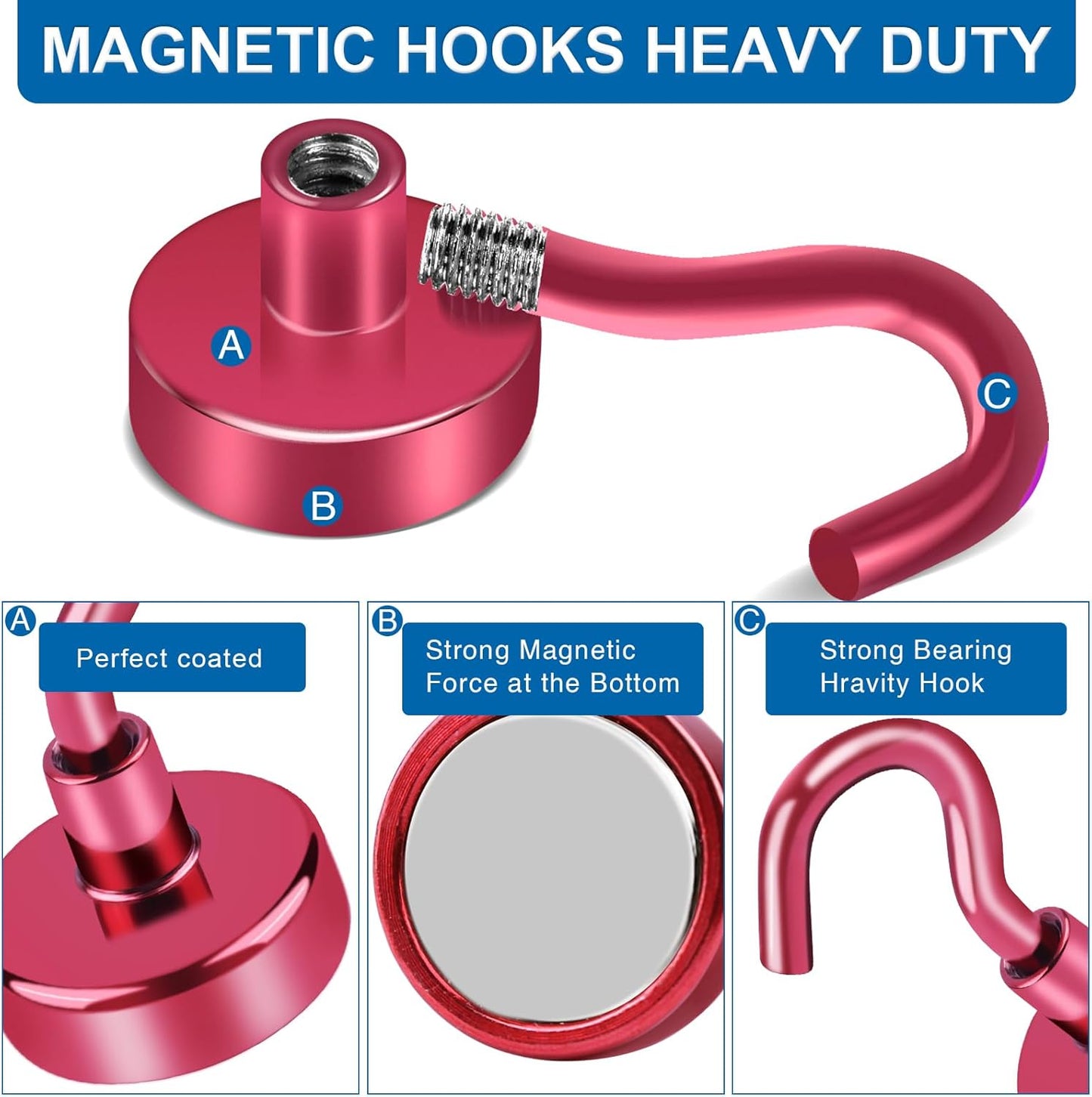 LOVIMAG Strong Magnetic Hooks, 50Lbs Red Strong Magnet Hooks, Heavy Duty Magnets for Cruise Accessories, Magnetic Hooks for Refrigerator, Hanging, Ceiling, Tool Room Etc - 4 Pack