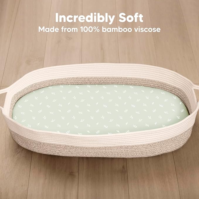 2-Pack Baby Bassinet Sheets Girl, Boy - 33x17 Viscose Derived from Bamboo Bedside Mattress Fitted Bassinet Sheets, Compatible with Halo Bassinest Swivel Sleeper, Baby Delight, Graco (Herb)