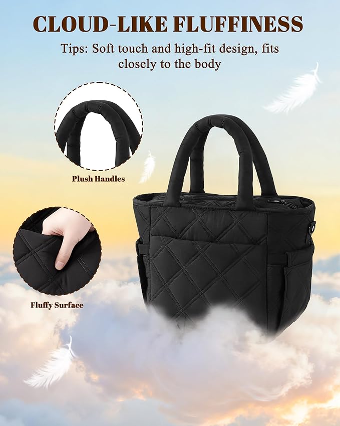 Insulated Lunch Box for Women Men, Soft & Puffy Lunch Bag, Large Capacity Leakproof Reusable Tote Cooler Bag with 4 Pockets, Adjustable Strap, Ideal for Work, Outdoors, Picnic, Travel (Black)