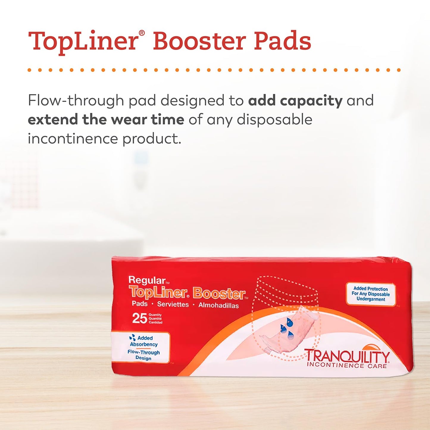 Tranquility TopLiner Disposable Booster Pads, Super (15" x 4.25") Flow-Through Design with Adhesive Strip for Max Absorption, Adult Unisex, 100ct Case