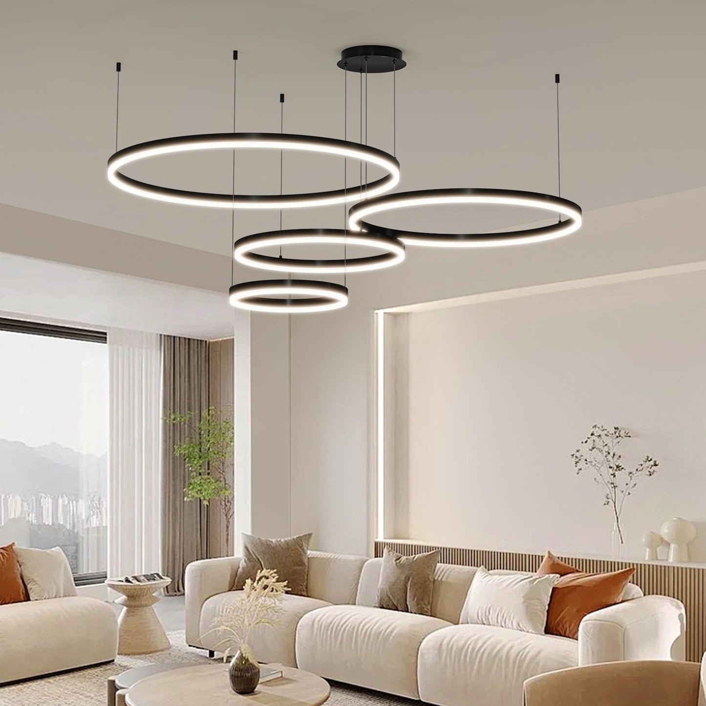 Mikeru Modern LED Chandelier Light, Remote Control, 3000K-6500K, 11.8+15.7+23.6+31.5IN, Aluminum,