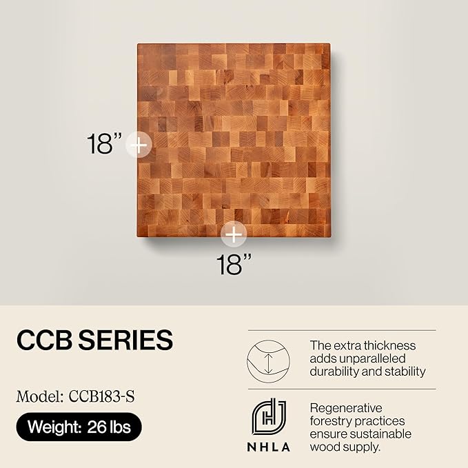 John Boos CCB Series Square Wooden Maple Cutting Board 18”x18” – 3” Thick, 26-lb Reversible Butcher Block with End-Grain & Finger Grips – Made in the USA