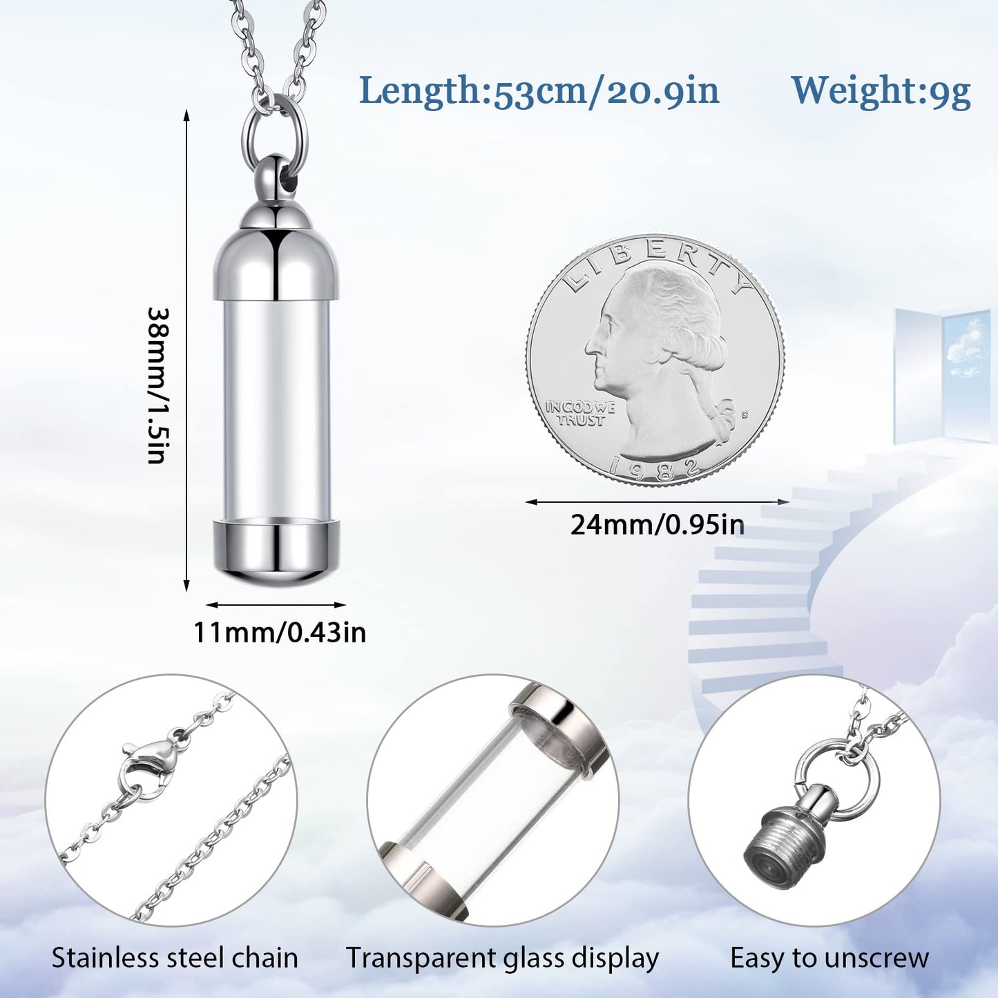 12 Pieces Vial Necklace Glass Vial Pendant Stainless Steel Glass Container Urn Necklace for Ash Openable Memorial Keepsake Crema