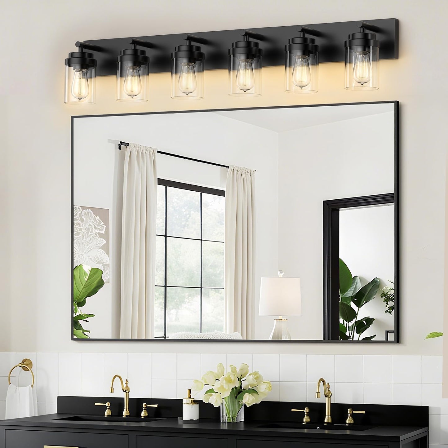 Izorro Bathroom Vanity Light Fixture  6-Light 43 Inch Matte Black Bathroom Light Fixtures Over Mirror  With Clear Glass Shade  Modern Farmhouse Vanity Lights  Rustic Restroom Lighting Fixtures