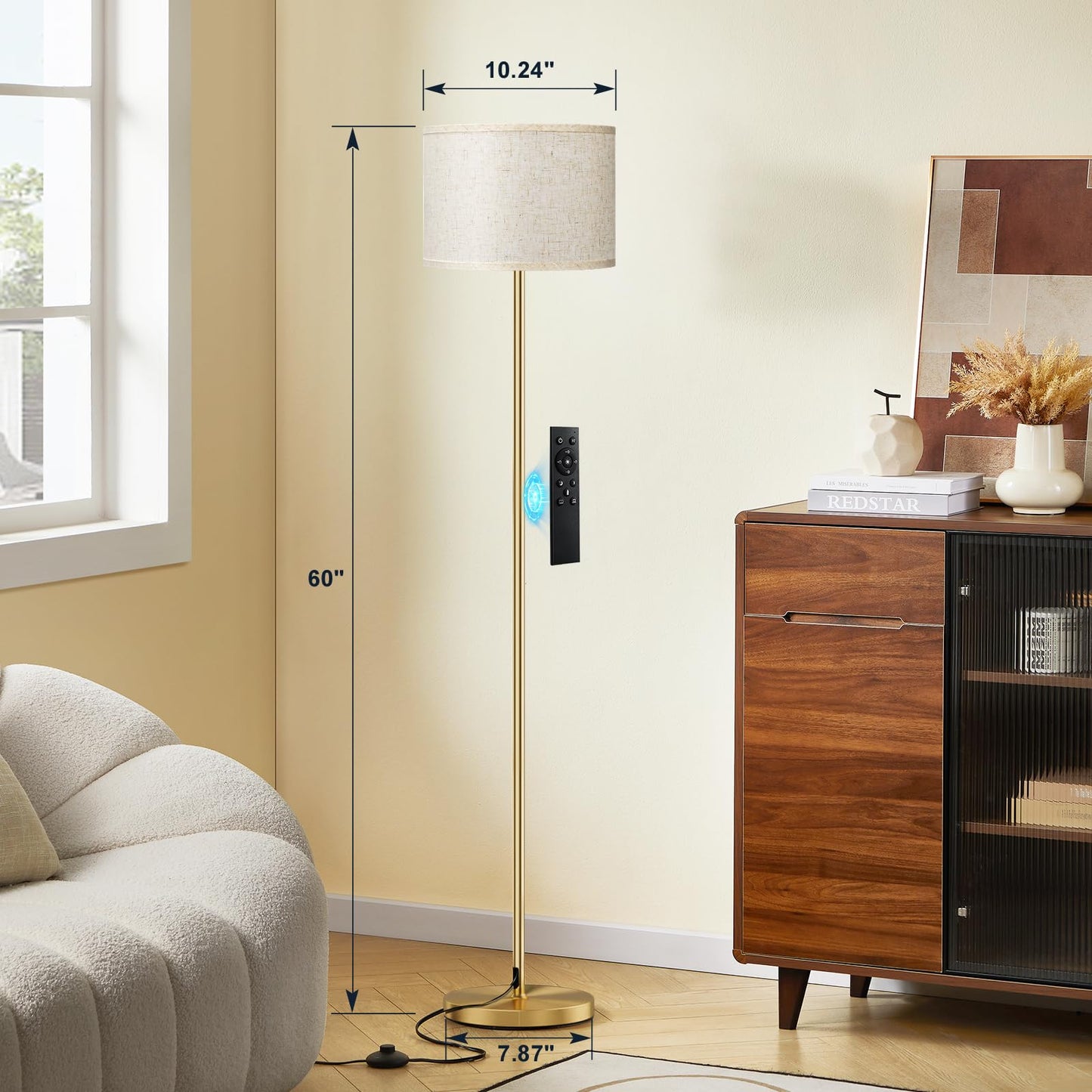 Ambimall 60in  Modern Floor Lamp with Remote, Metal, Beige & Gold, Model RPT-ZGB121