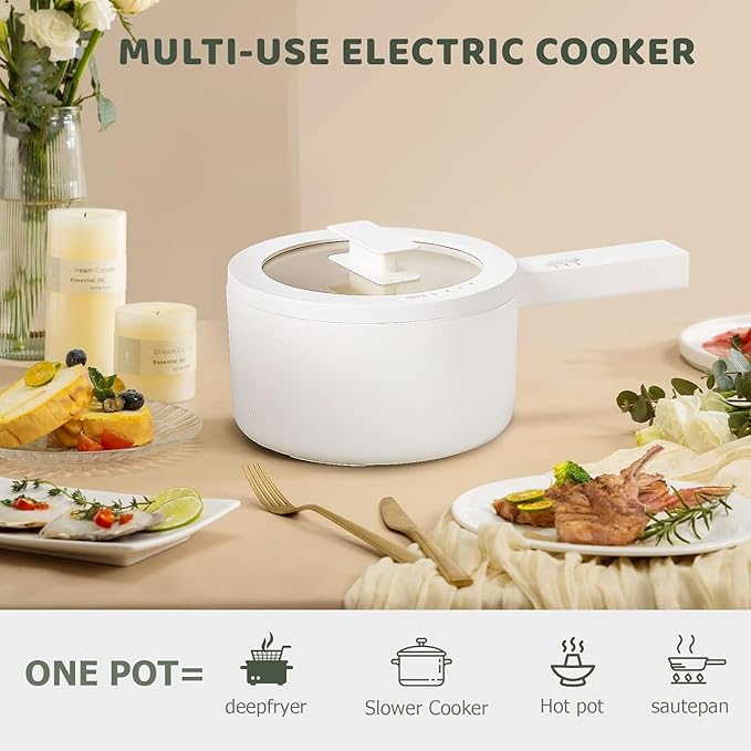 Electric Hot Pot,1.5L Ramen Cooker, Ceramic Glaze Non-stick Mini Pot, Portable Electric Hot Pot for for Steak, Egg, Fried Rice, Oatmeal, Soup with Dual Power Control, Dorm Room Essentials
