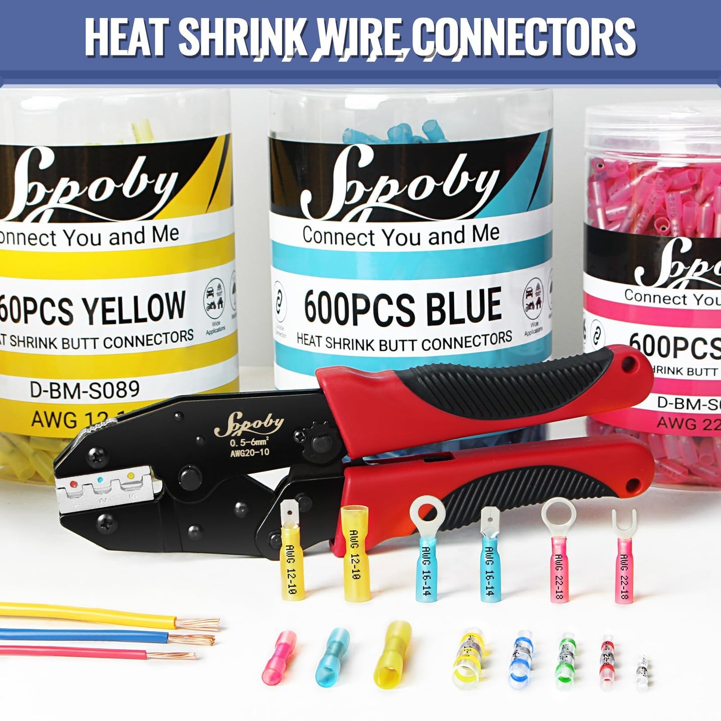 Heat Shrink Butt Wire Connectors, Sopoby 210Pcs 16-14 AWG Blue Insulated Waterproof Electrical Wire Connectors Automotive Marine Grade Wire Crimp Terminals Butt Splices, Ideal for Boat, Truck, Blue