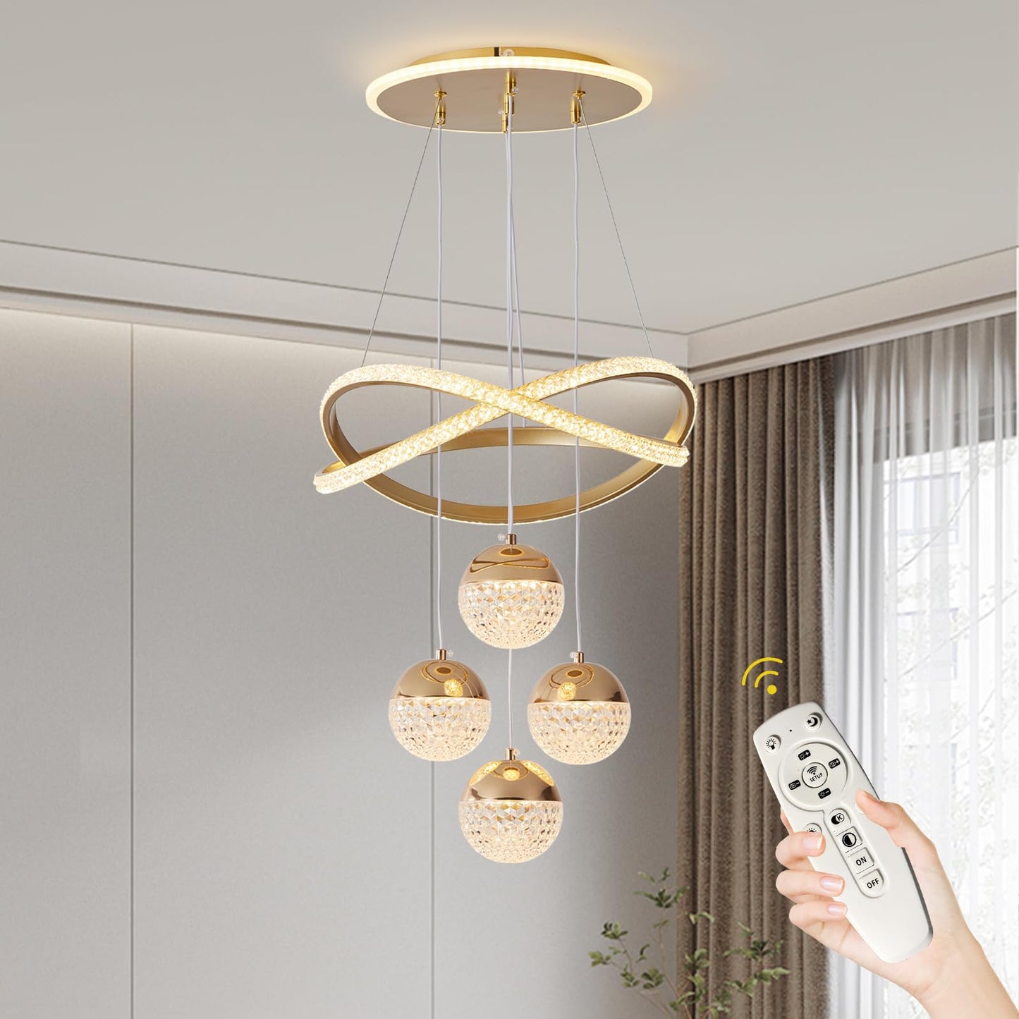 BCGMYLN Modern Gold LED Chandelier, Dimmable Pendant Light for Dining Room, Adjustable, Aluminum, Model WY-PL LIGHT