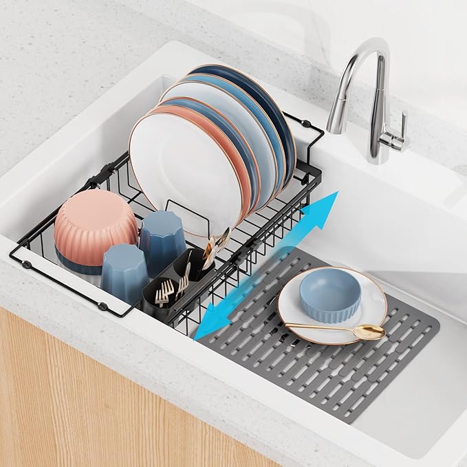 iSPECLE in Sink Dish Drying Rack with Silicone Sink Protector - Expandable Capacity Dish Drainer with Utensil Holder, 12.4"-17.1" L x 12.8" W, Black