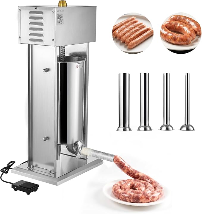 VEVOR Electric Sausage Stuffer, 33 LBS / 15 L Vertical Meat Stuffer, Stepless Speed Control and Foot Pedal, Stainless Steel Heavy Duty Sausage Filler with 4 Stuffing Tubes, for Commercial & Home Use