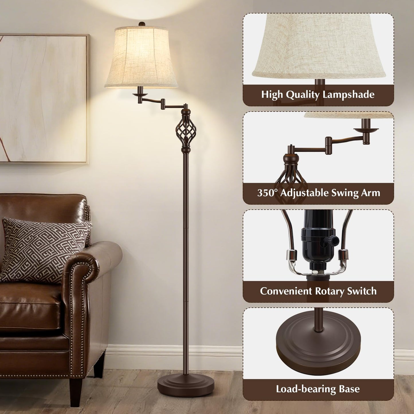 GyroVu Floor Lamp, Adjustable Swing Arm, Vintage Metal Design, Red Brown, Ideal for Living Rooms and Bedrooms