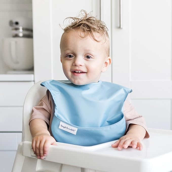 Tiny Twinkle Mess-Proof Baby Bibs for Eating | Waterproof, Wipeable Toddler Bibs with Catch-All Pocket | Feeding Bibs for Girls & Boys(3 Pack,Sea, Dino)