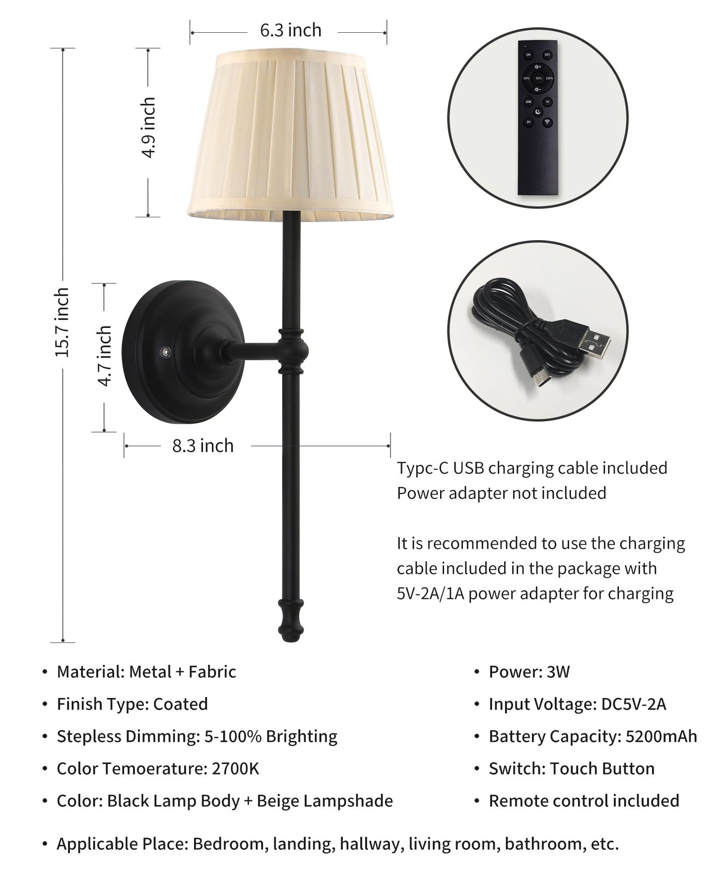 Kdg Cordless Wall Sconces Set Of 2  Small Wireless 5200Mah Rechargeable Battery Fabric Led Wall Lamps  Portables Lightings For Wall discomfort-reducingting  Living Room  Bedroom  Hallway  Gifts  Night Light (Black)