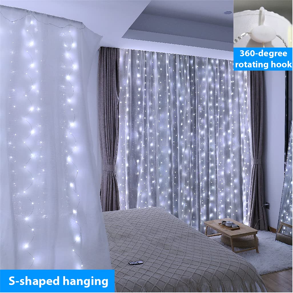 ZSJWL 300 LED White Curtain Lights, 9.8x9.8Ft, Copper Material, Remote Control, 8 Modes, USB Plug, Indoor/Outdoor Use