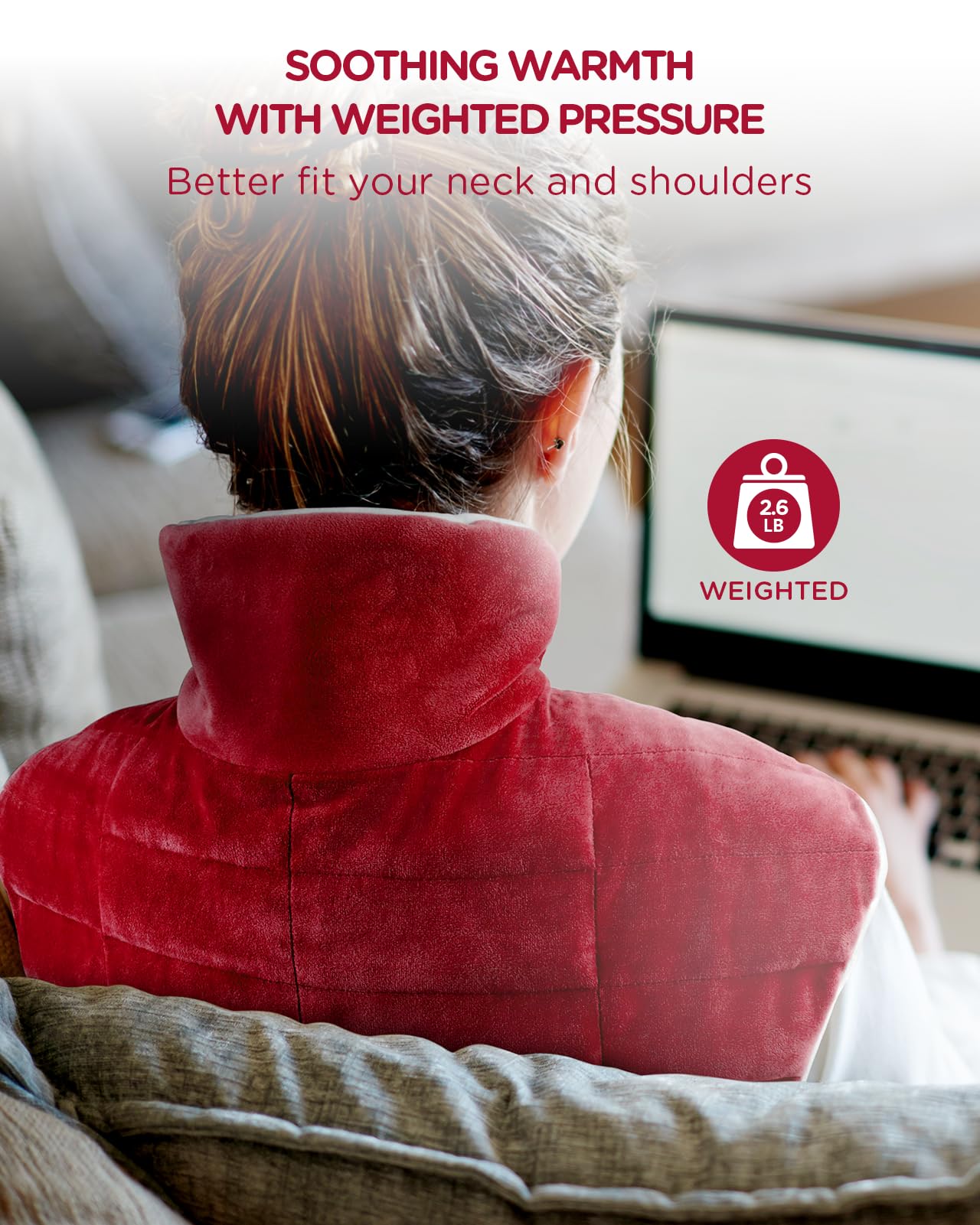 Heating Pad for Neck and Shoulders and Back, Comfytemp Weighted Electric Heat Pad for Warmth, 2.6lb Large Heated Wrap, 9 Heat Settings, 11 Auto-Off, Women Men Birthday Gifts Red