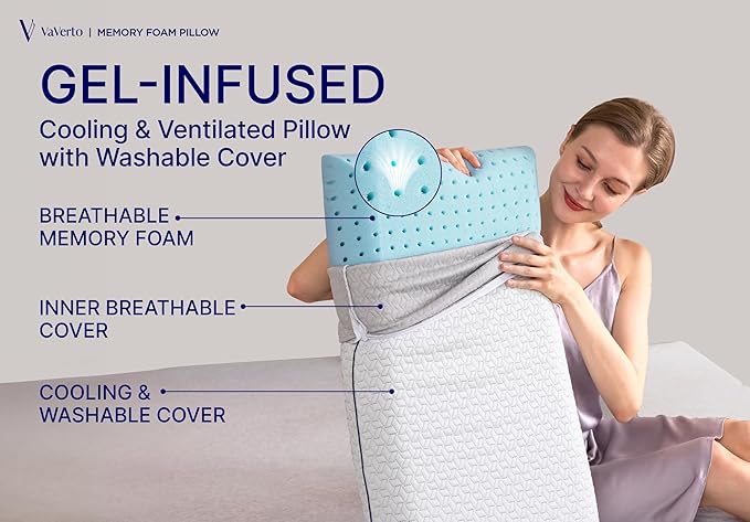 Vaverto Gel Memory Foam Pillow 2 Pack - Standard Size - Ventilated, Bed Pillows with Viscose Made from Bamboo Pillow Cover,Cooling, Contoured Support