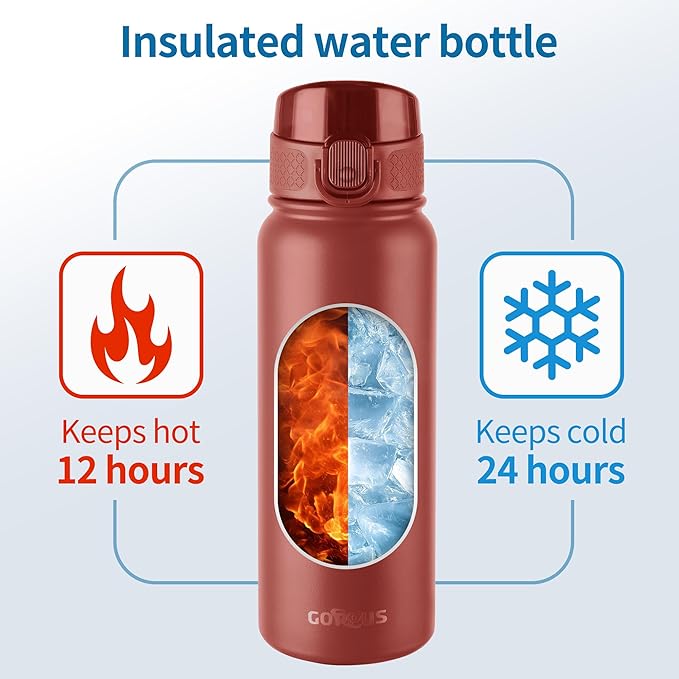 GOPPUS 20 Oz Insulated Stainless Steel Water Bottle BPA-Free Sports Water Bottle, Great for Travel, with Chug Lid - Leak & Sweat Proof with Anti-Dust Lid(red)