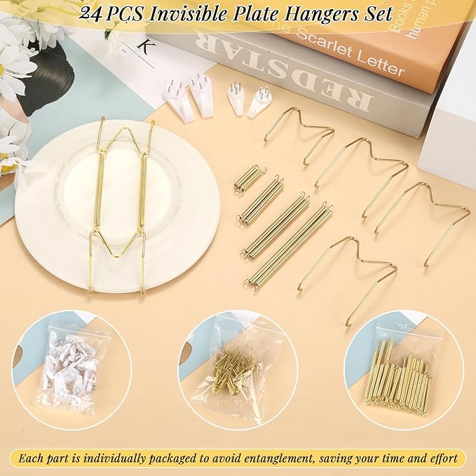 24 Pieces Plate Hangers for Wall - 6/8/10/12 Inch Invisible Wall Plate Hangers, Stainless Steel Plate Wall Hangers with 24 Pieces Wall Hooks for 5.5 to 12.5 Inch Decorative Plates and Arts (Gold)