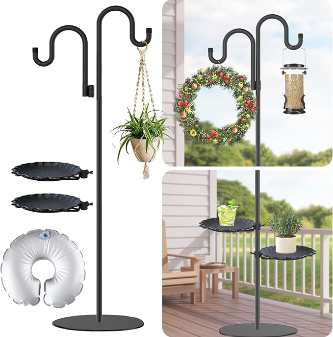 Upgraded 74" Shepherd's Hook Stand plant，Bird Feeder，Wind Chime Hanger Stand, Waterproof Metal & Adjustable-Height Standin...