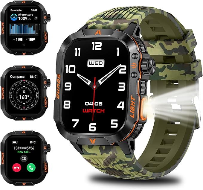 QTLLBT Men's Military Smart Watch HD LED Altimeter Barometer Fitness Tracker Sports Watch with Heart Rate SpO2 Pressure Sleep Monitoring Function Men Women Watch
