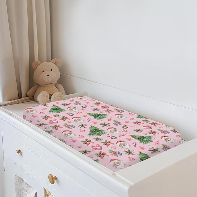 Pink Santa Christmas Trees Baby Changing Pad Covers for Boy Girl Santa Gifts Pine Fir Leaves Candy Love Fitted Changing Table Mats Winter Holiday Festive Soft Diaper Change Table Sheets 32''×16''