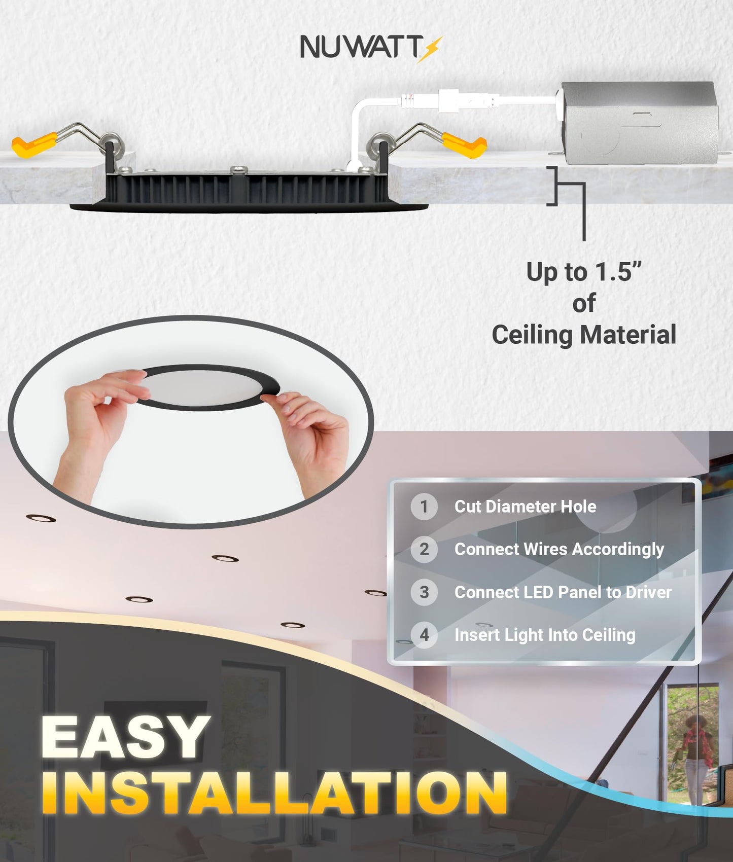 Nuwatt 6 Pack  6 Inch Ultra Thin Black Led Recessed Lighting  5Cct 2700K/3000K/3500K/4000K/5000K Selectable  High Brightness 1050 Lumens  Dimmable Canless Slim Wafer Light  Ic Rated  Metal J-Box  Etl