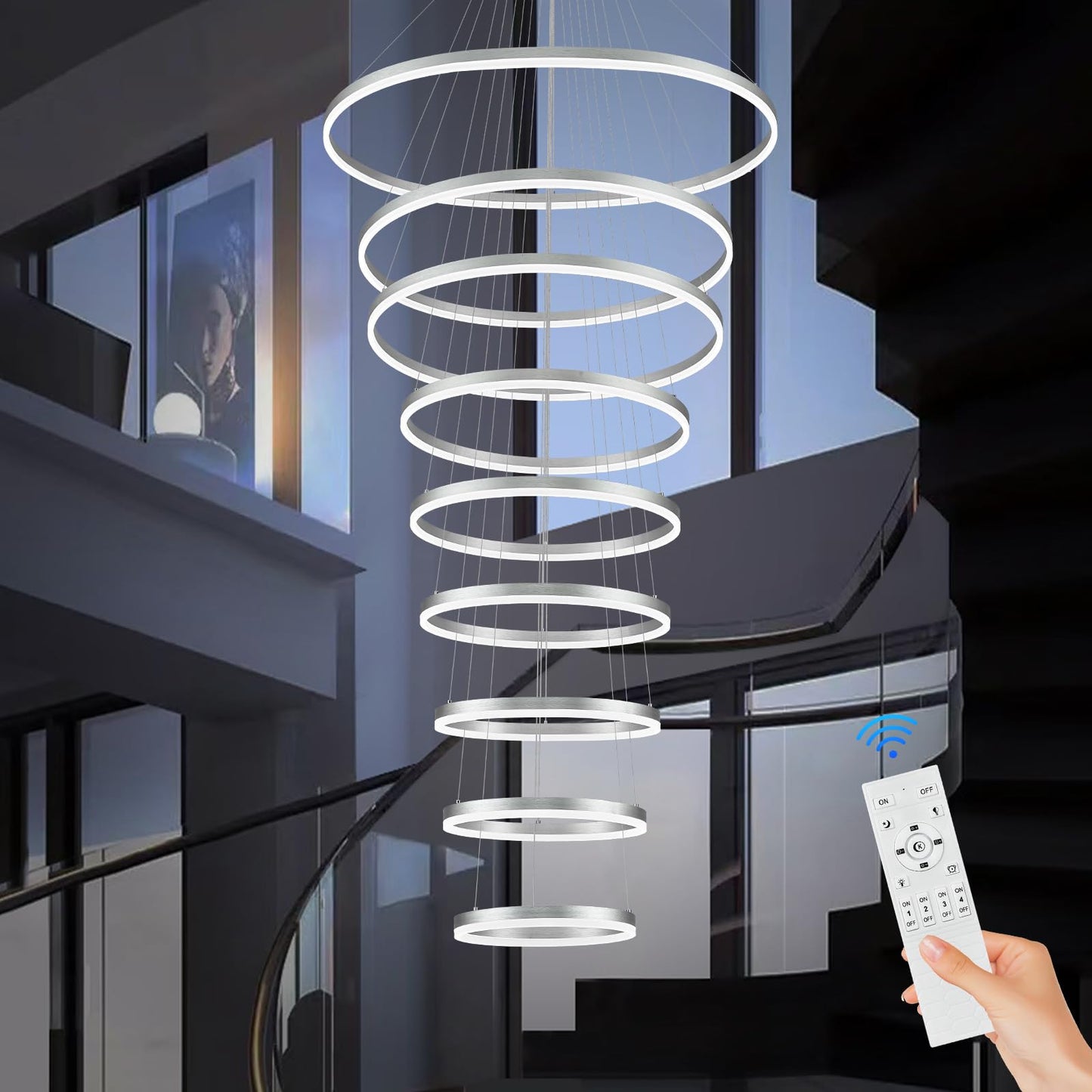 Sparklelf Modern LED Chandelier, 9 Rings 39.4in, Dimmable, Silver, Remote Control, 3000K-6500K for High Ceiling Entryway, Living