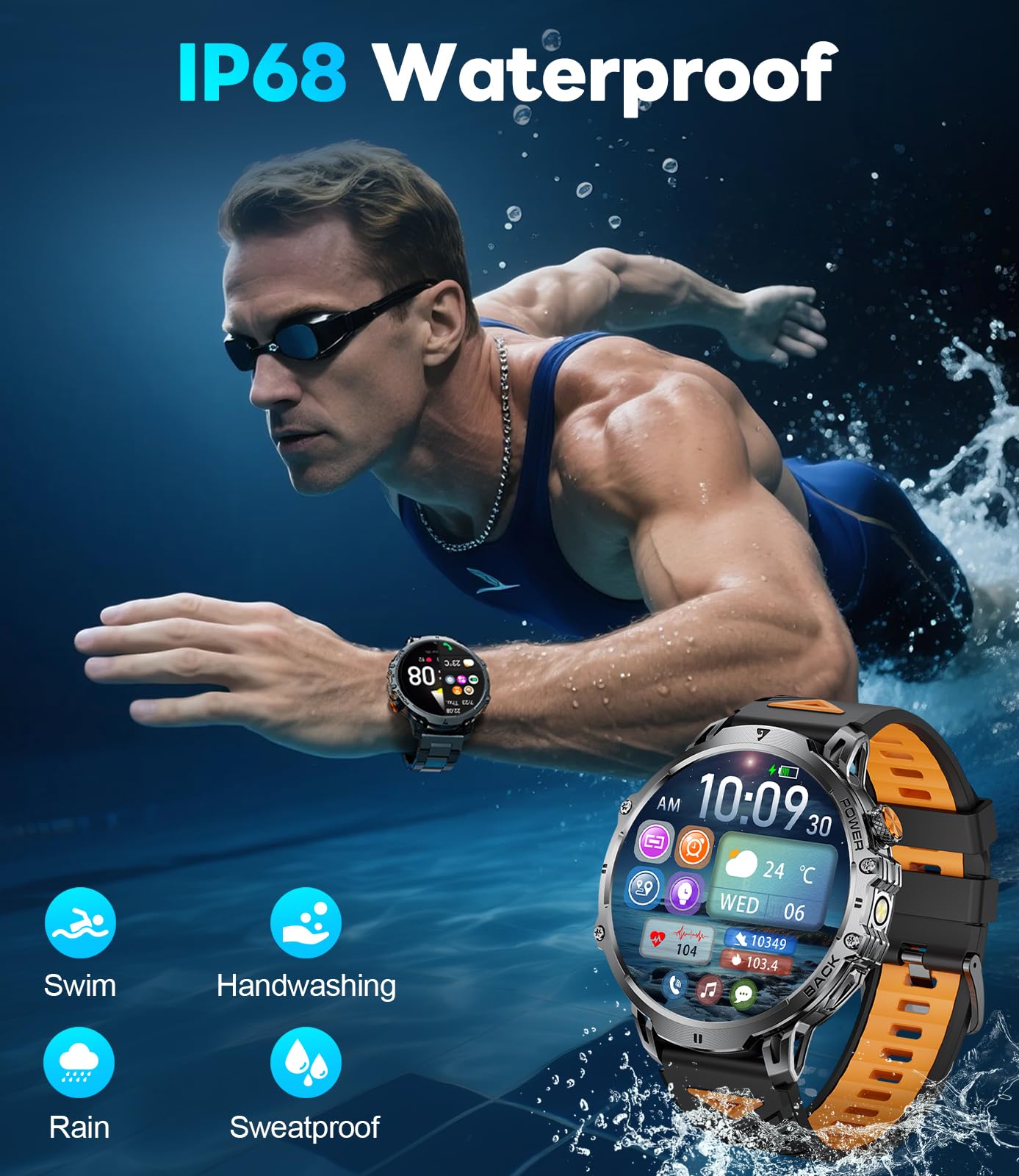 Smart Watches for Men with Bluetooth Calling,1.85" HD Display Rugged Military Fitness Tracker with Heart Rate Monitor Built-in LED Flashlight 110+ Sports Modes IP68 Waterproof for Android iOS Black