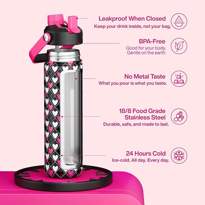 ENCOOL Valentine's Day Insulated Water Bottle with Straw Stainless Steel Water Bottle, Leak-Proof, BPA-Free, Keeps Cold for 24 Hours for Sports, Travel, School (26 oz,Bold Hearts Valentine x Black)