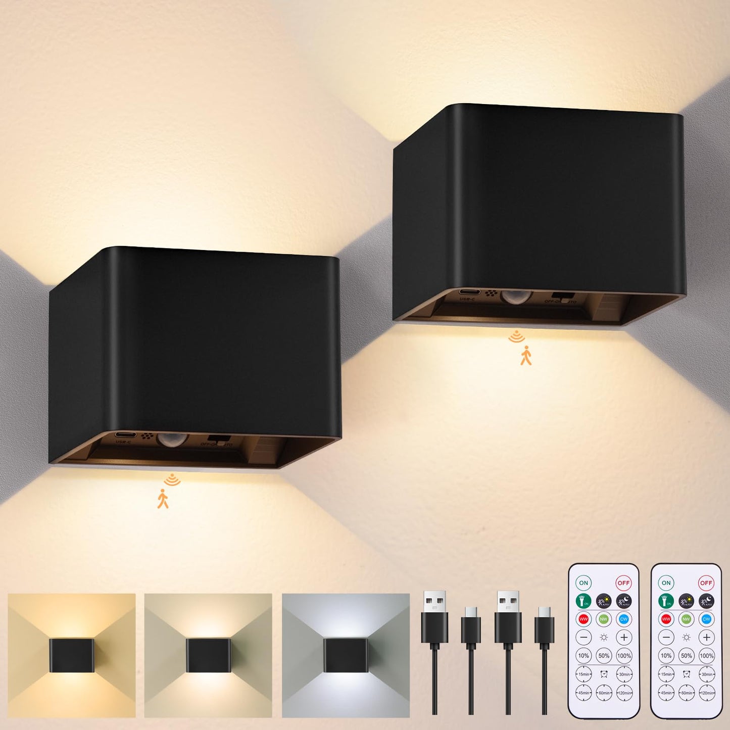 Yochoice Motion Sensor Wall Sconces, 6000mAh Rechargeable, 3 Color Temperatures, Black, Model A5, 2-Pack
