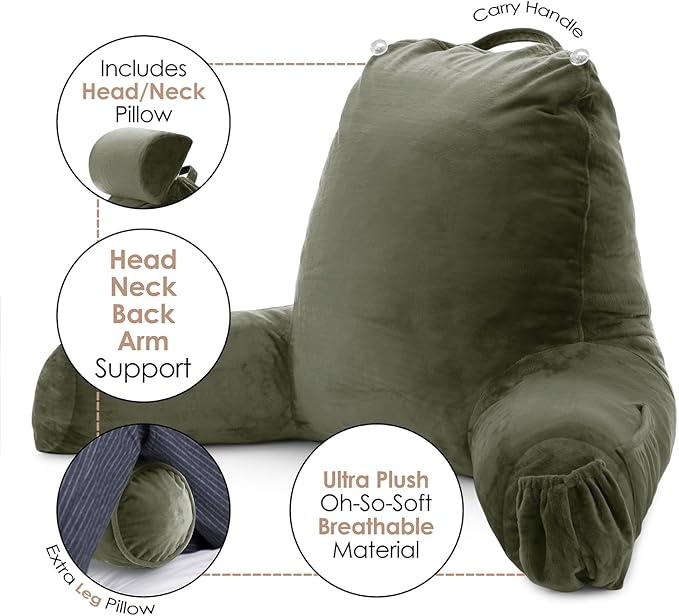 Nestl Reading Pillow Large Bed Pillow, Back Pillow for Sitting in Bed Shredded Memory Foam Chair Pillow, Reading & Bed Rest Pillows Olive Green Back Pillow for Bed, Bed Chair Arm Pillow with Pockets