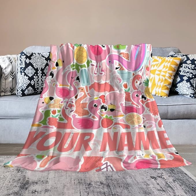 Custom Flamingo Blanket Gifts with Name - 40 x 50 Inches Funny Flamingo Throw for Girls & Women - Pink Soft Furry Plush Blankets for Couch