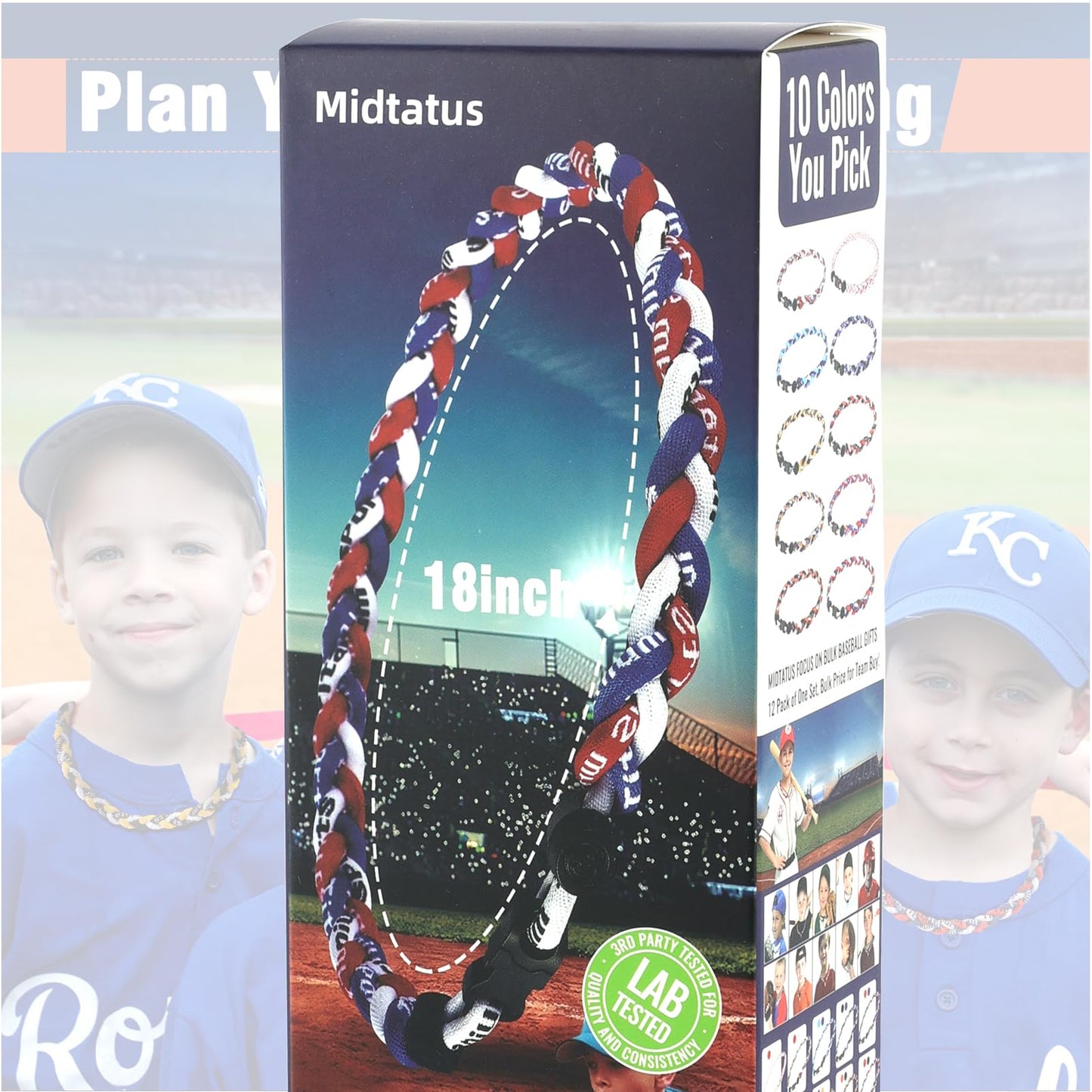 Midtatus 18inch Baseball Necklace,12 Pack, Team Gift for Baseball Funs, Fashion Three Braided Titanium Tornado Rope Design with