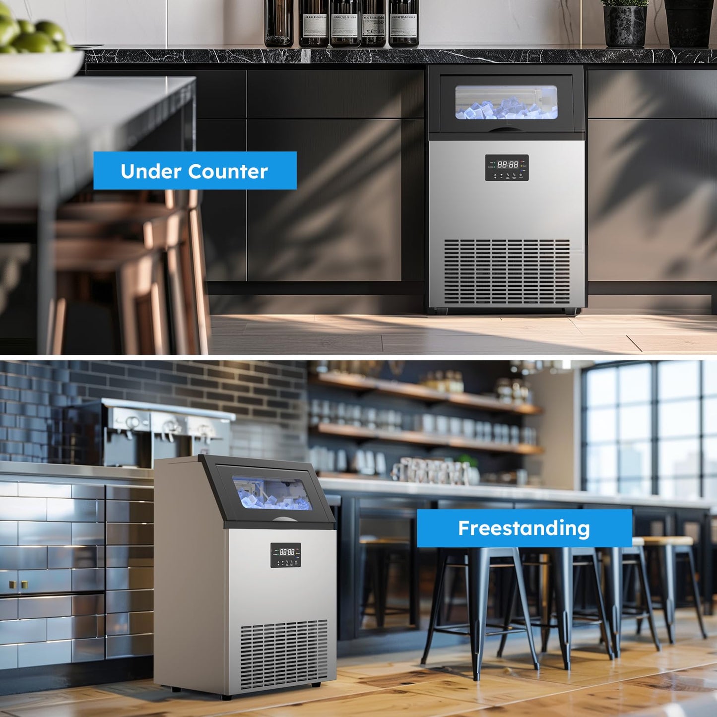 Commercial Ice Machine 200 LBS/24H with 50 LBS Storage Bin, Ice Cubes Ready in 5-15 min, Stainless Steel Industrial Ice Maker, Self-Cleaning, Timing Function, Adjustable Ice Thicknesses