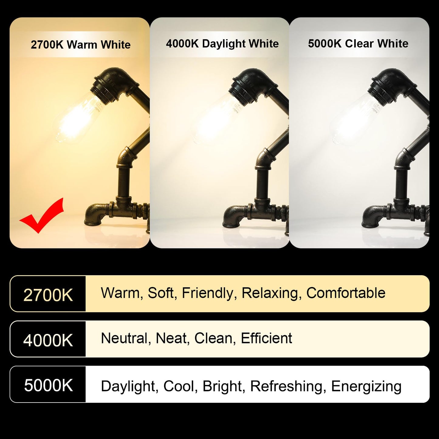 Ascher Vintage Led Edison Bulbs, 6W Equivalent, Warm White 2700K, Clear Glass, Pack Of 4, E26 Medium Base, Non-Dimmable