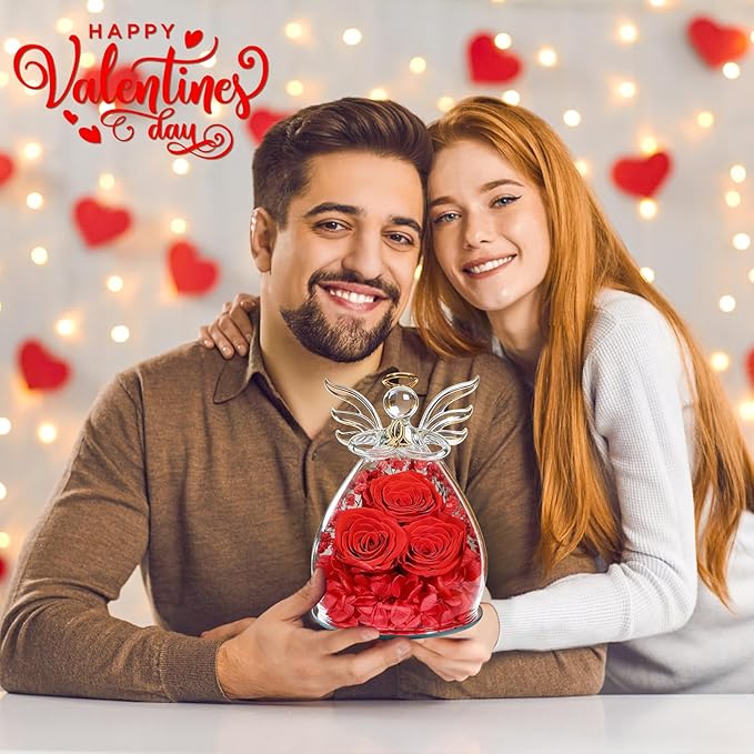 Beferr Valentines Day Rose Gifts for Her Women Mom Gifts for Birthday, Fresh Flowers for Delivery Forever Preserved Rose in Glass Angel Figurine, for Grandma Wife Daughter Girlfriend