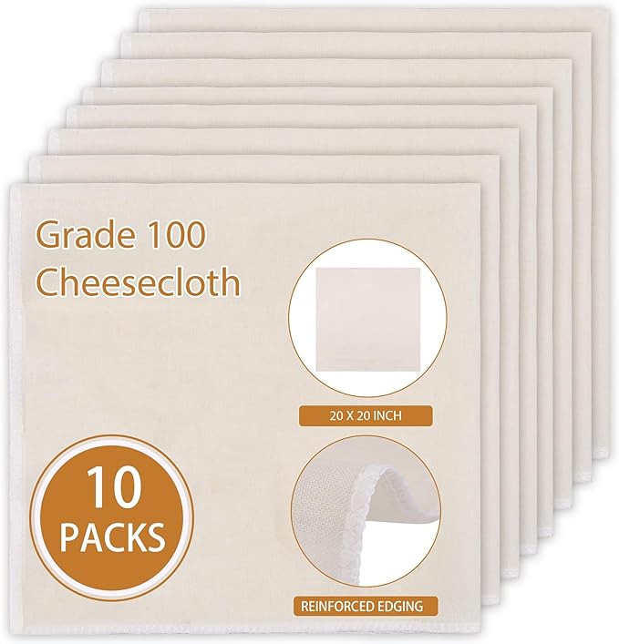 10 PCS Reusable Cheese Cloths for Straining, 20x20 Inch Hemmed Cheesecloth, 100% Cotton Unbleached Cloth Strainer for Coffee Brewing Cooking, Baking, Juicing, Straining, Cheese Making