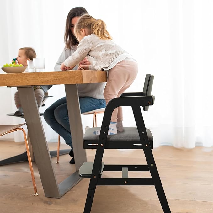 Solid Wood High Chair for Toddlers, Baby Highchair, Adjustable HighChair for Babies/Toddlers with Removable Cushion, Children Kids DiningChair, Teens Study Chair with Steps (Black)