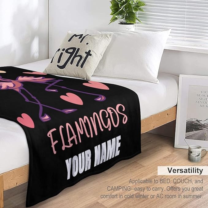Custom Flamingo Throw Blanket Gifts with Name - 30 x 40 Inches Funny Throws for Girls - Black Soft Fuzzy Plush Blankets for Couch