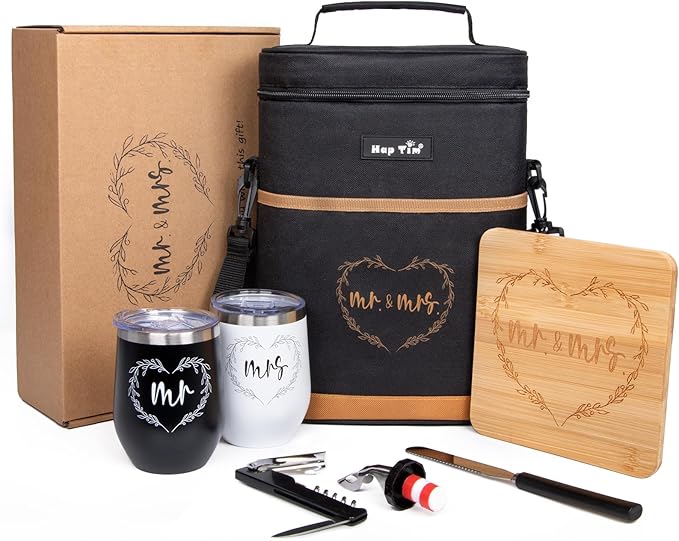 Hap Tim Wedding Gifts for Couples, Bridal Shower Gifts, Engagement Gifts for Newlyweds, Mr and Mrs Gifts - Wine Cooler Bag Insulated Wine Carrier Tote with Tumblers, Bamboo Cheese Borad (13624-G1)