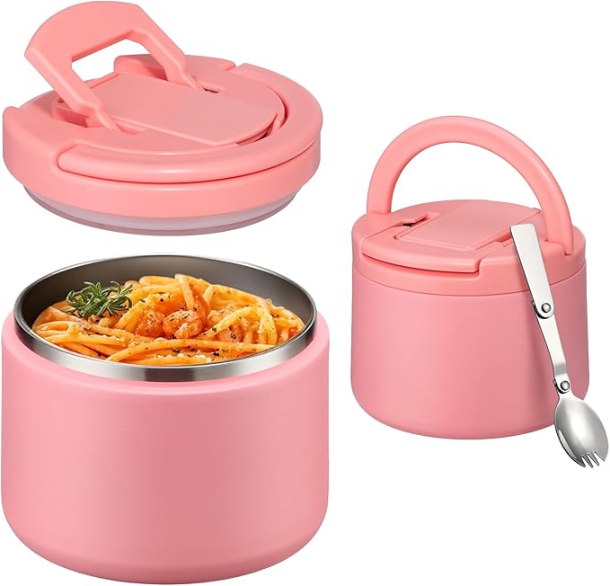 Kids Thermo for Hot Food, 14oz Insulated Soup Jar, Stainless Steel Lunch Box with Leakproof Lid & Spoon, Vacuum Insulated Bento Container (Dark Pink)